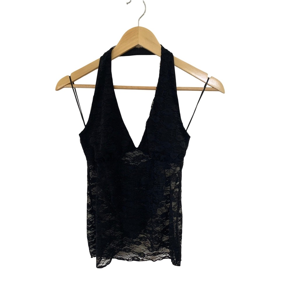 Gaze Womens Black Floral Lace Halter Neck Deep V-Neck Sheer T60395 Size Medium